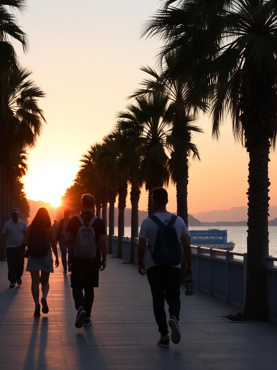 Ekipa šeće uz more tijekom zalaska sunca